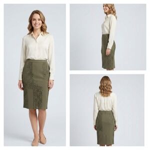 Kaman Bell Straight & Pencil Skirt Womens S Green Floral Lace Panel Flat Front